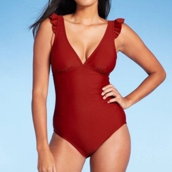 Kona Sol Women's Ruffle Shoulder High Coverage One Piece Swimsuit Red Sz XL - Picture 1 of 6